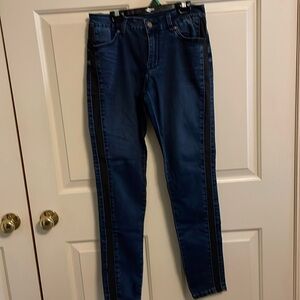 Cache dark blue straight leg jeans with black trim down each side of the leg